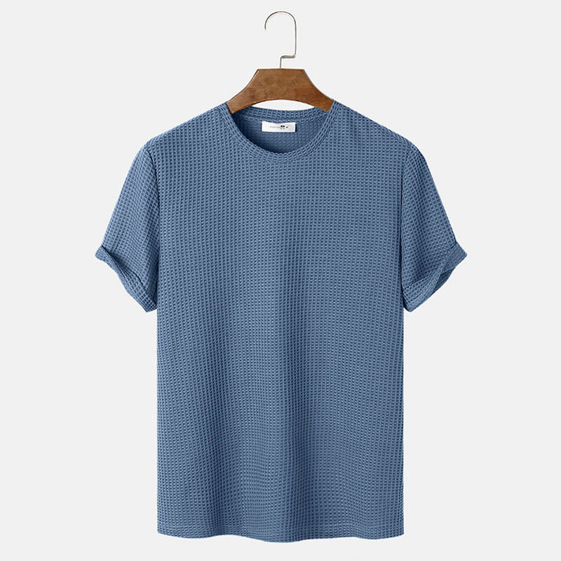 Men summer solid color t-shirts in blue with a round neck and short sleeves, perfect for casual summer wear.