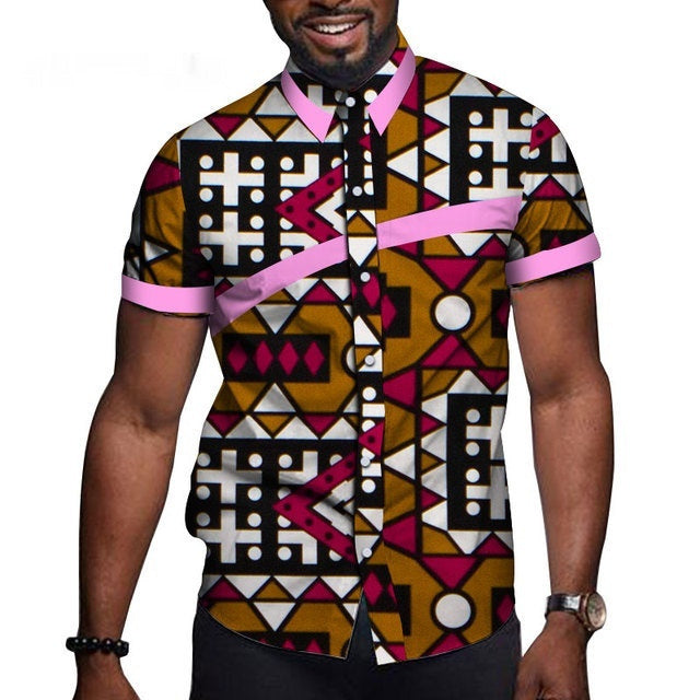 Men's cotton short-sleeved t-shirt with vibrant geometric pattern and contrasting colors.