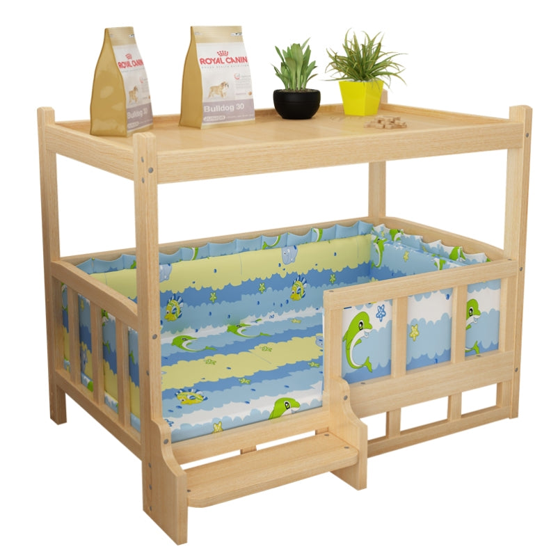 diy nightstand pet bed featuring a wooden frame with colorful bedding and a top shelf for pet supplies.