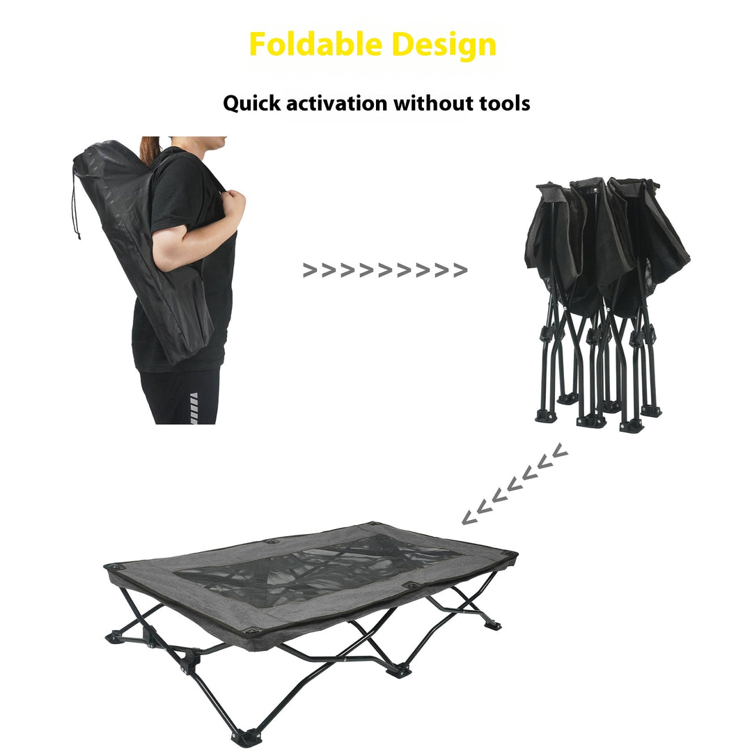 Person demonstrating the foldable design of a large foldable dog bed, showing easy setup without tools.