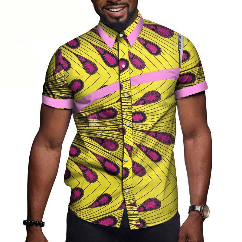 Men's cotton short-sleeved t-shirt in vibrant yellow and pink pattern, perfect for casual occasions.