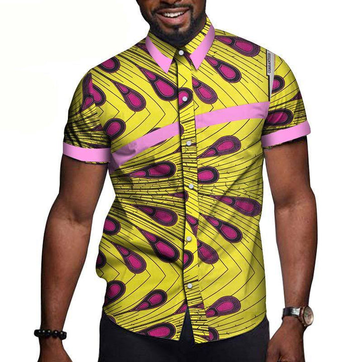 Men's cotton short-sleeved t-shirt in vibrant yellow and pink pattern, perfect for casual occasions.