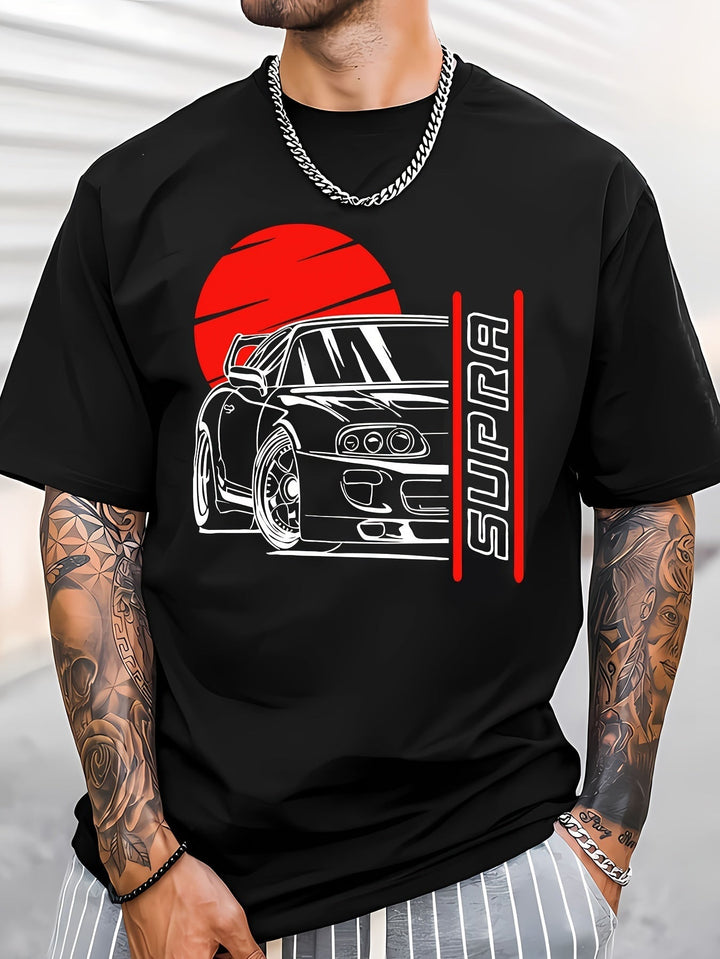 Car printed summer t-shirt featuring a stylish graphic of a Supra against a red sun.