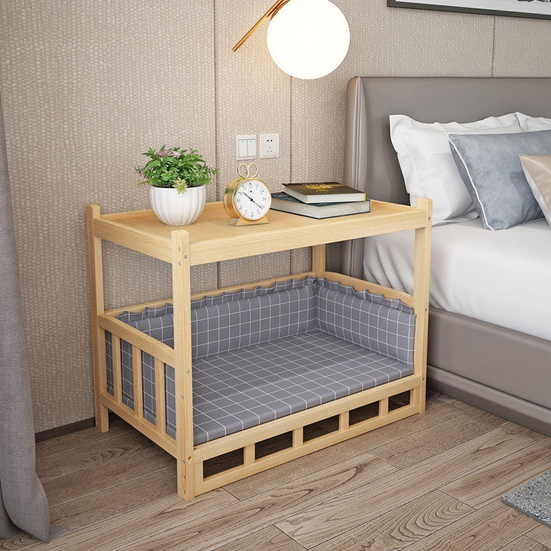 diy nightstand pet bed with a wooden frame and gray bedding, perfect for pet comfort and space-saving decor.