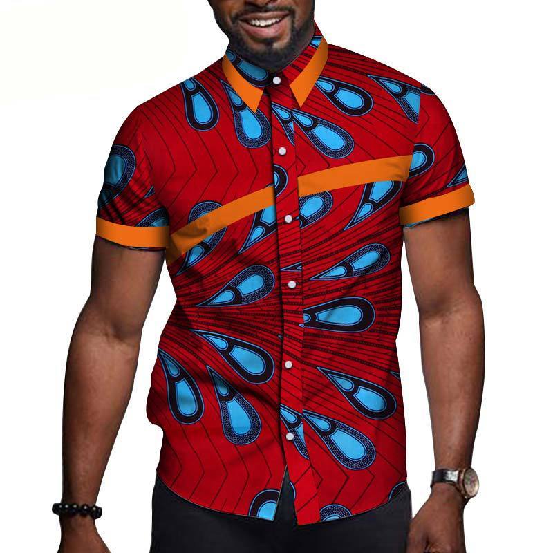 Men's cotton short-sleeved t-shirt featuring a vibrant red and blue pattern, perfect for casual occasions.