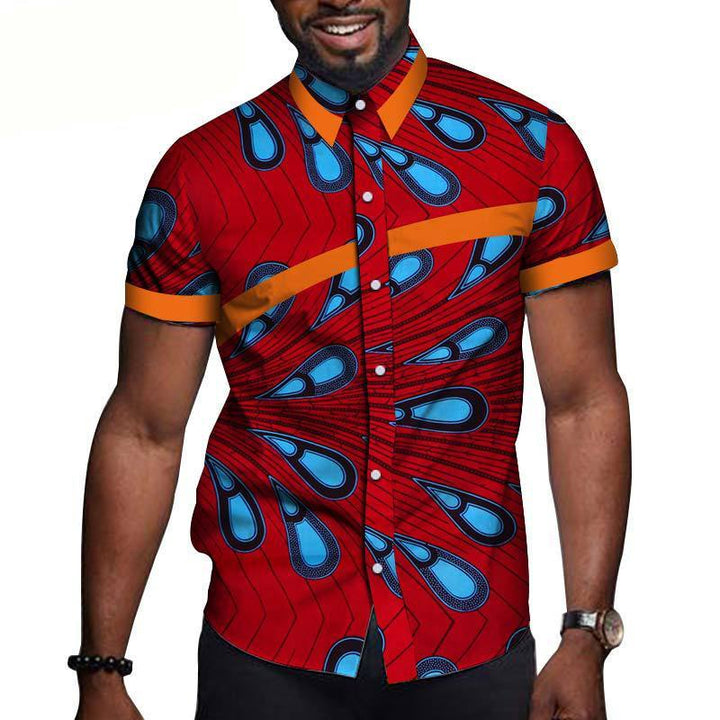 Men's cotton short-sleeved t-shirt featuring a vibrant red and blue pattern, perfect for casual occasions.