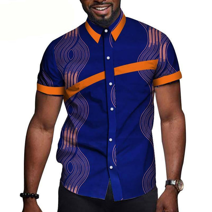 Men's cotton short-sleeved t-shirt featuring a blue design with orange accents and modern patterns.