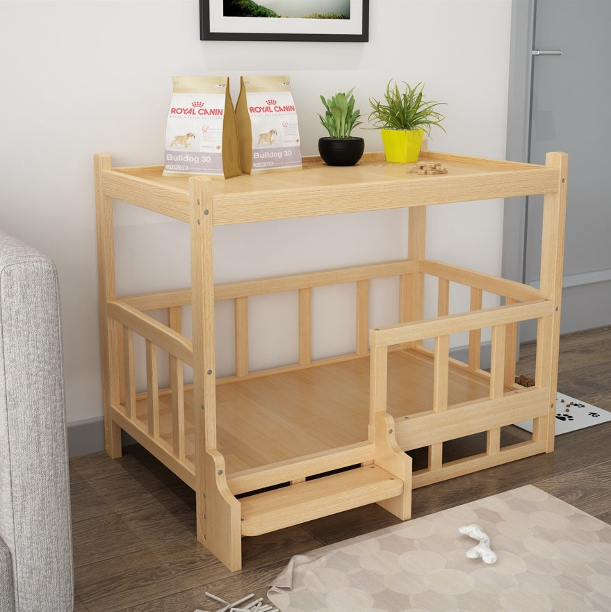 Stylish diy nightstand pet bed with storage for pet supplies and elevated sleeping area.
