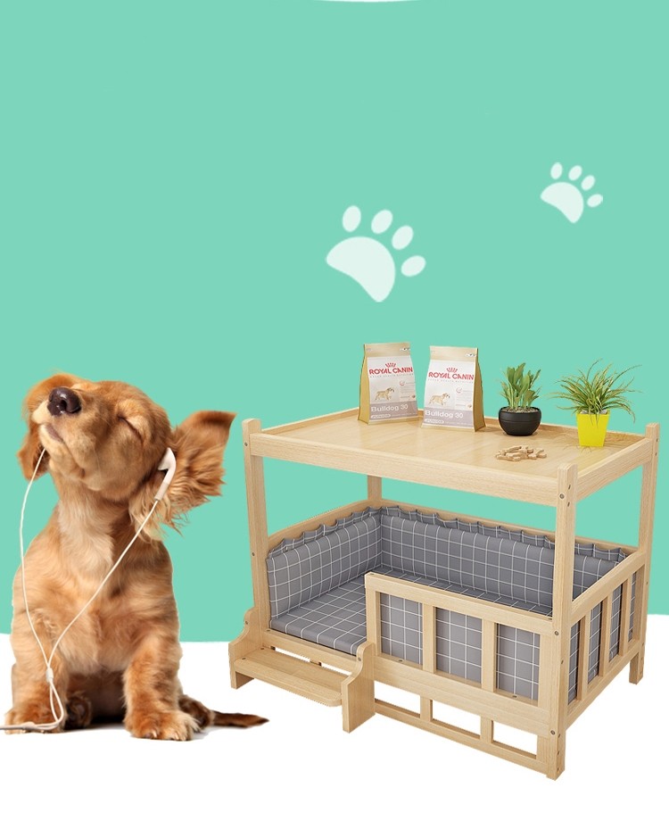 diy nightstand pet bed featuring a wooden design and a happy dog wearing headphones next to it