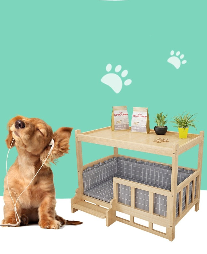 diy nightstand pet bed featuring a wooden design and a happy dog wearing headphones next to it