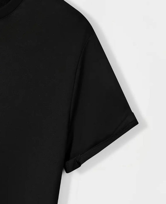 Close-up of a black short-sleeved car printed summer t-shirt showcasing the sleeve design.