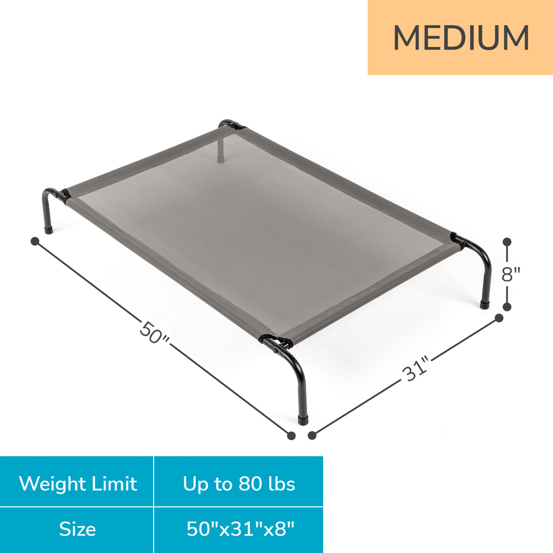 Elevated cooling dog bed dimensions 50"x31"x8" with weight limit up to 80 lbs and sturdy frame.