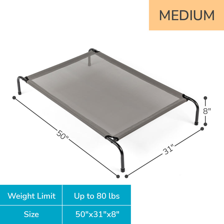 Elevated cooling dog bed dimensions 50"x31"x8" with weight limit up to 80 lbs and sturdy frame.
