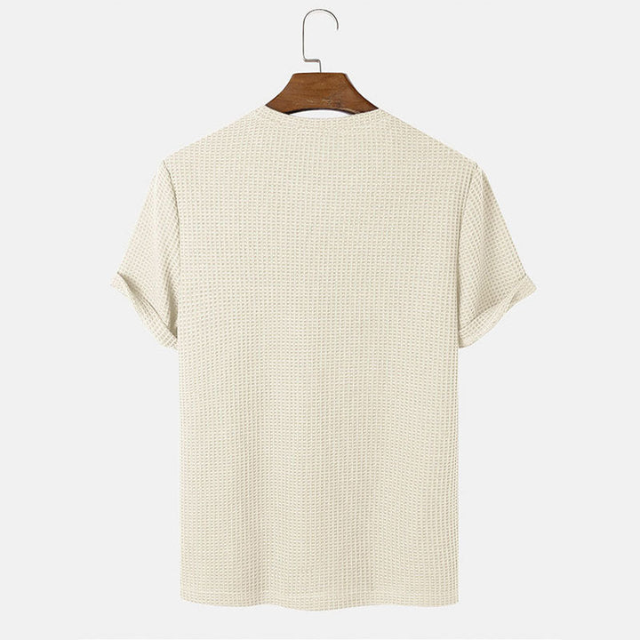 Men summer solid color t-shirts in solid beige color, showcasing the back view with short sleeves and casual style.
