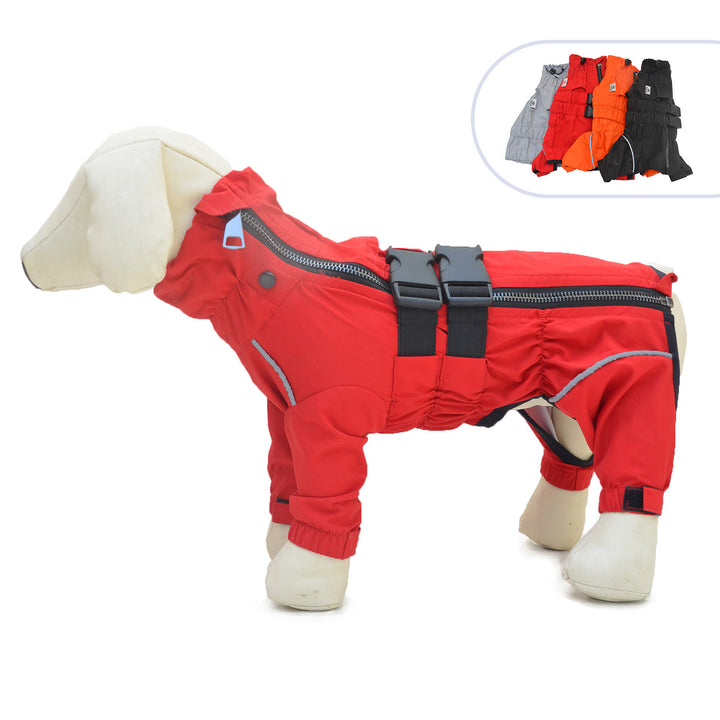 Red pet clothing on a dog mannequin, showcasing a stylish and functional pet clothing design.
