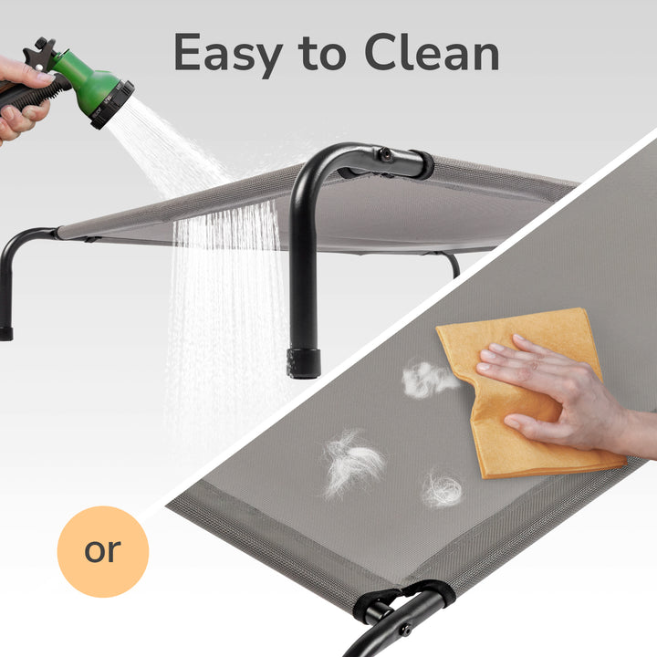 Elevated cooling dog bed with easy cleaning options using a hose or cloth for quick maintenance.