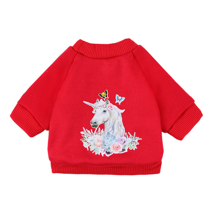 Red unicorn dog leisure sweaters for pets featuring floral and butterfly designs on the back.