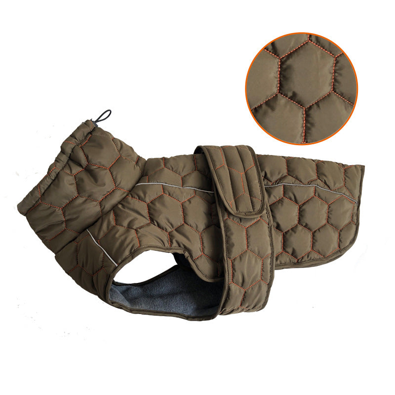 Thickened winter dog clothing in olive green with hexagonal pattern and adjustable strap for warmth.