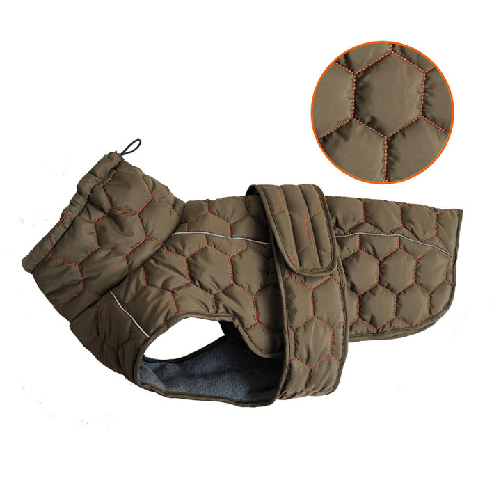 Thickened winter dog clothing in olive green with hexagonal pattern and adjustable strap for warmth.