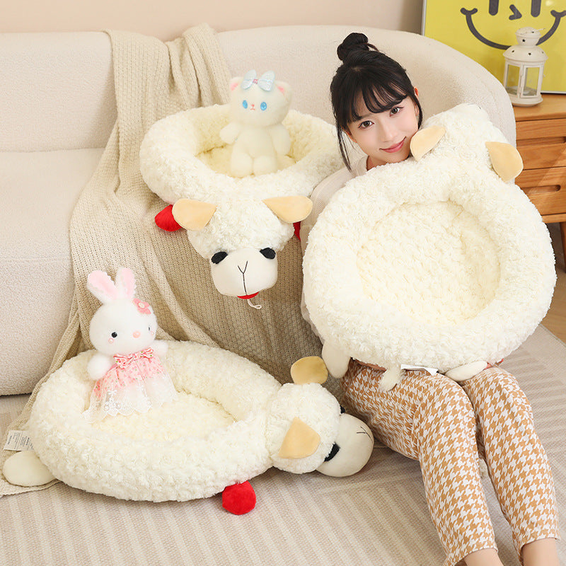 Plush dog cat mattress with fluffy design and cute animal toys, perfect for pets, white color and cozy material.