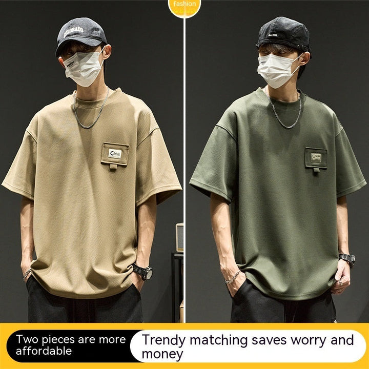 Waffle short sleeve men's summer shirt available in stylish beige and green color options.