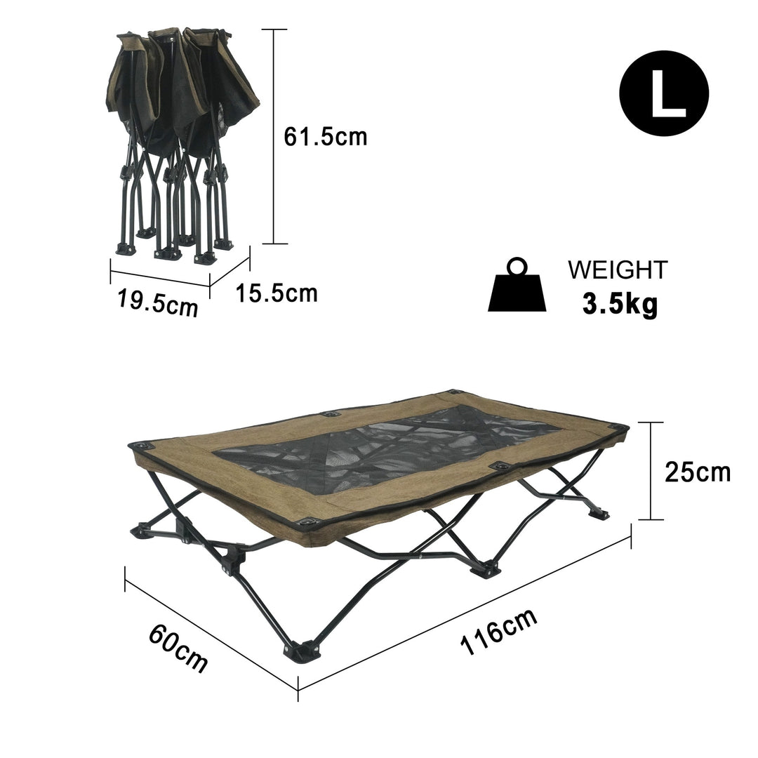 Large foldable dog bed dimensions and weight specifications for pet comfort and portability.