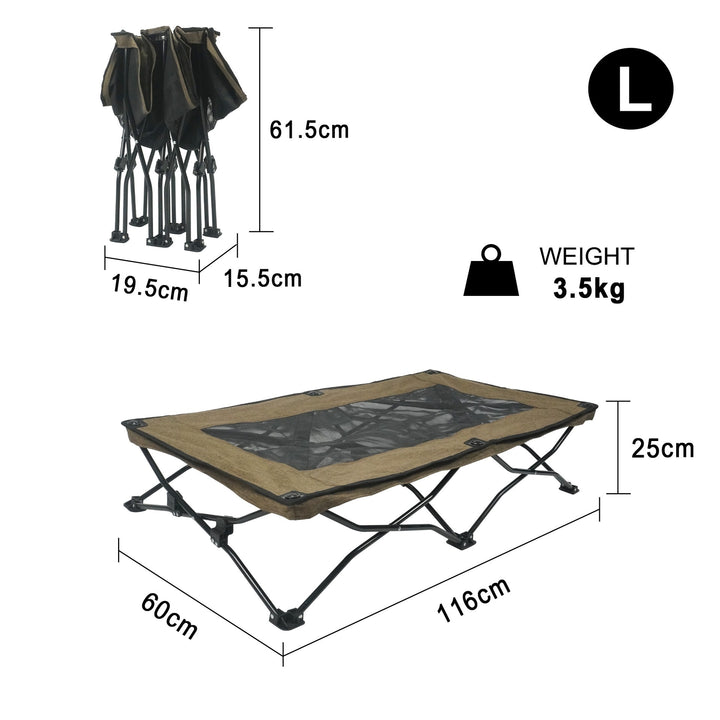 Large foldable dog bed dimensions and weight specifications for pet comfort and portability.