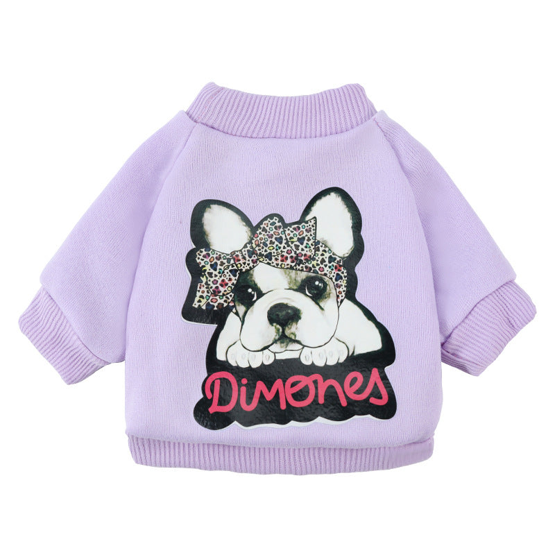 Dog leisure sweaters for pets in lavender color featuring a cute French Bulldog design.