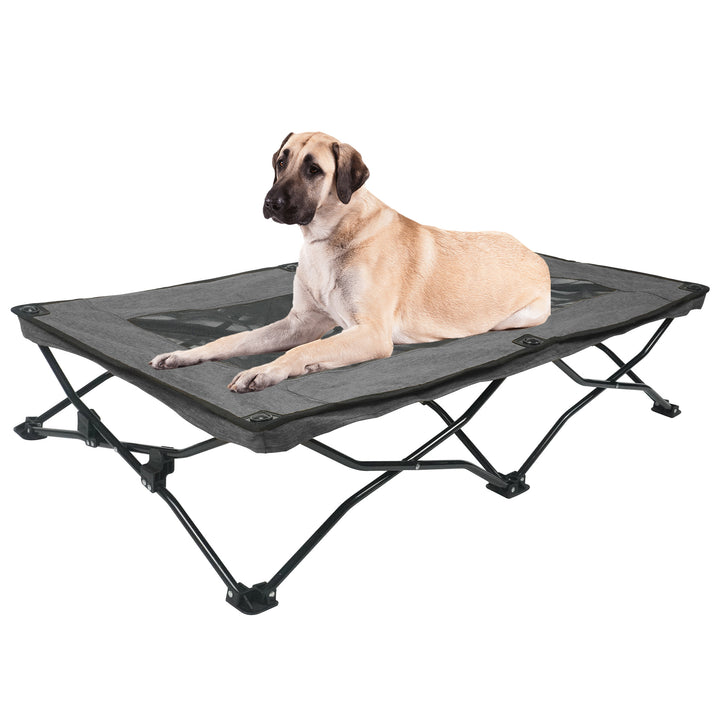 Large foldable dog bed with a comfortable dog resting on it, designed for durability and portability.
