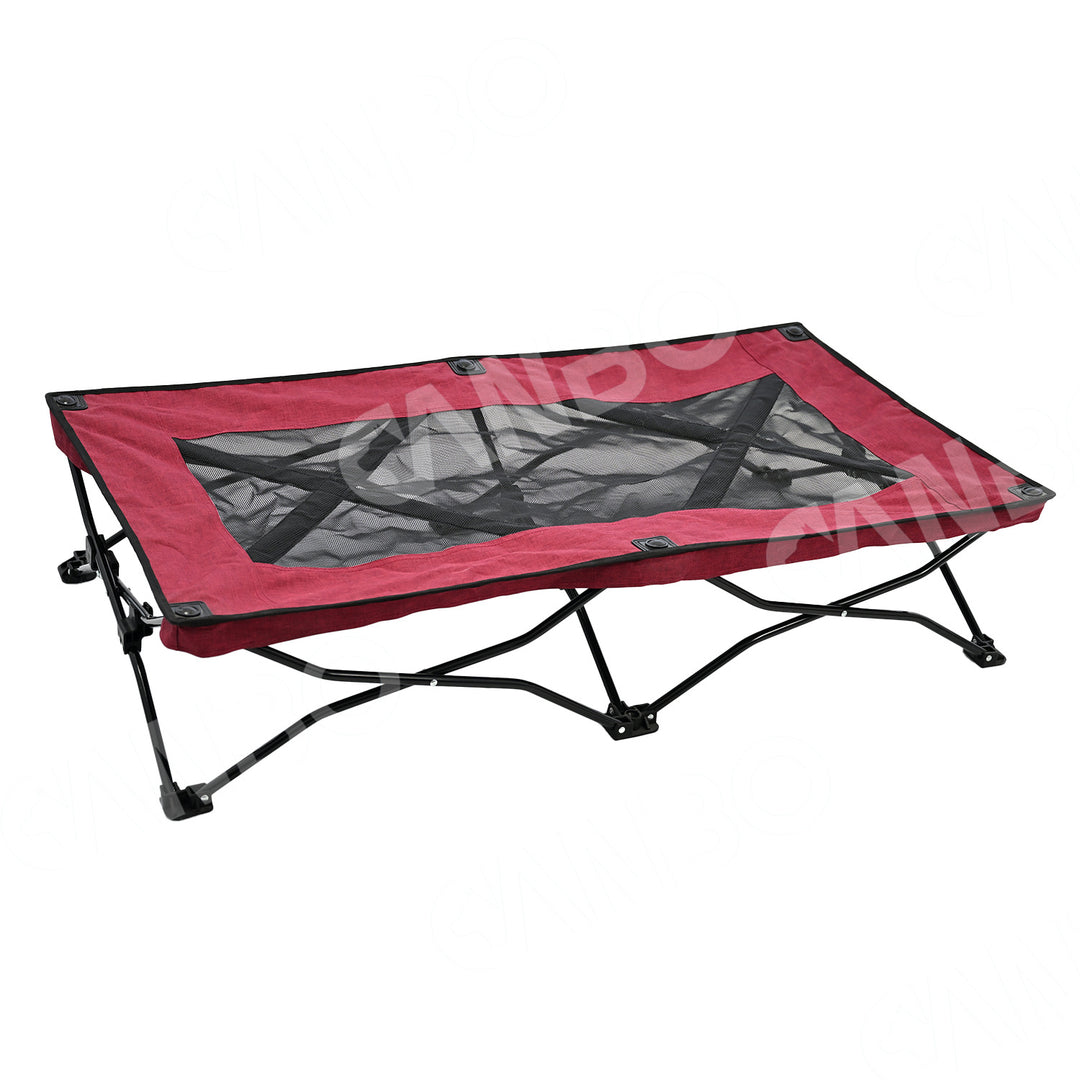 Large foldable dog bed in red with a mesh center and sturdy frame for portability and comfort.