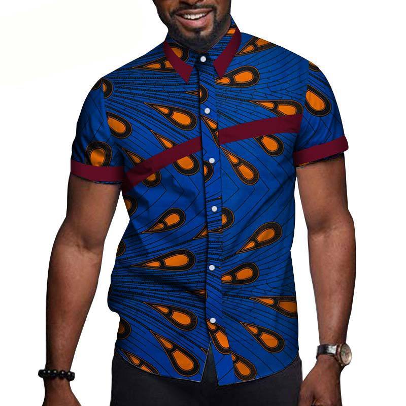 Men's cotton short-sleeved t-shirt featuring a vibrant blue and orange pattern, perfect for casual occasions.