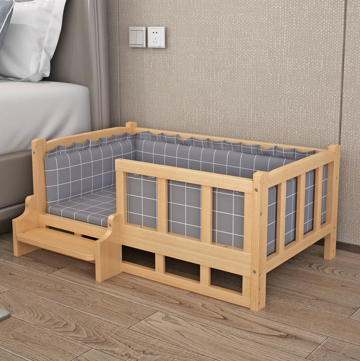 A stylish diy nightstand pet bed made of wood with a checkered cushion, designed for pets to sleep comfortably next to the bed.